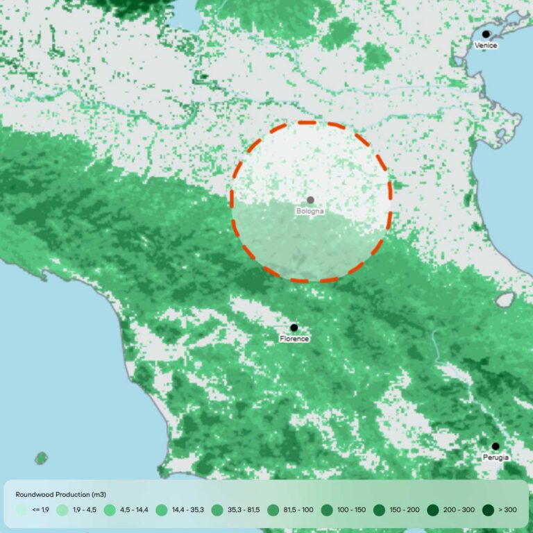 Timber Atlas data dashboard displaying regional roundwood production and bio-resource mapping for climate-smart construction.
