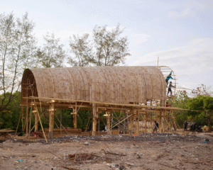 Construction of the BaleBio demonstrator in Bali showcasing nature-based building components and bamboo architecture.