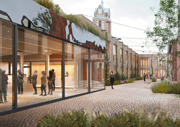 Architectural rendering of the Holz-Lehm-Hybrid (HLH) demonstrator in Berlin, showcasing regenerative timber-earth construction and a green courtyard.