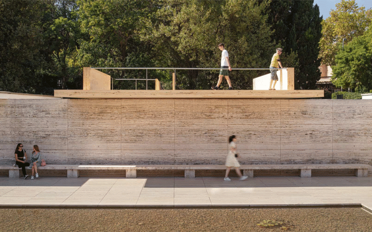 Mass is More spatial installation at the Barcelona Pavilion demonstrating the use of regenerative materials.