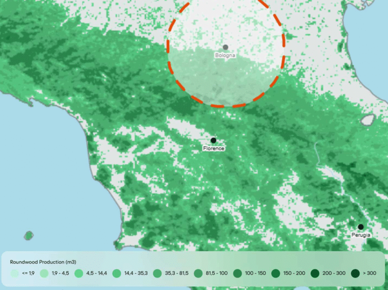 Timber Atlas data dashboard displaying regional roundwood production and bio-resource mapping for climate-smart construction.