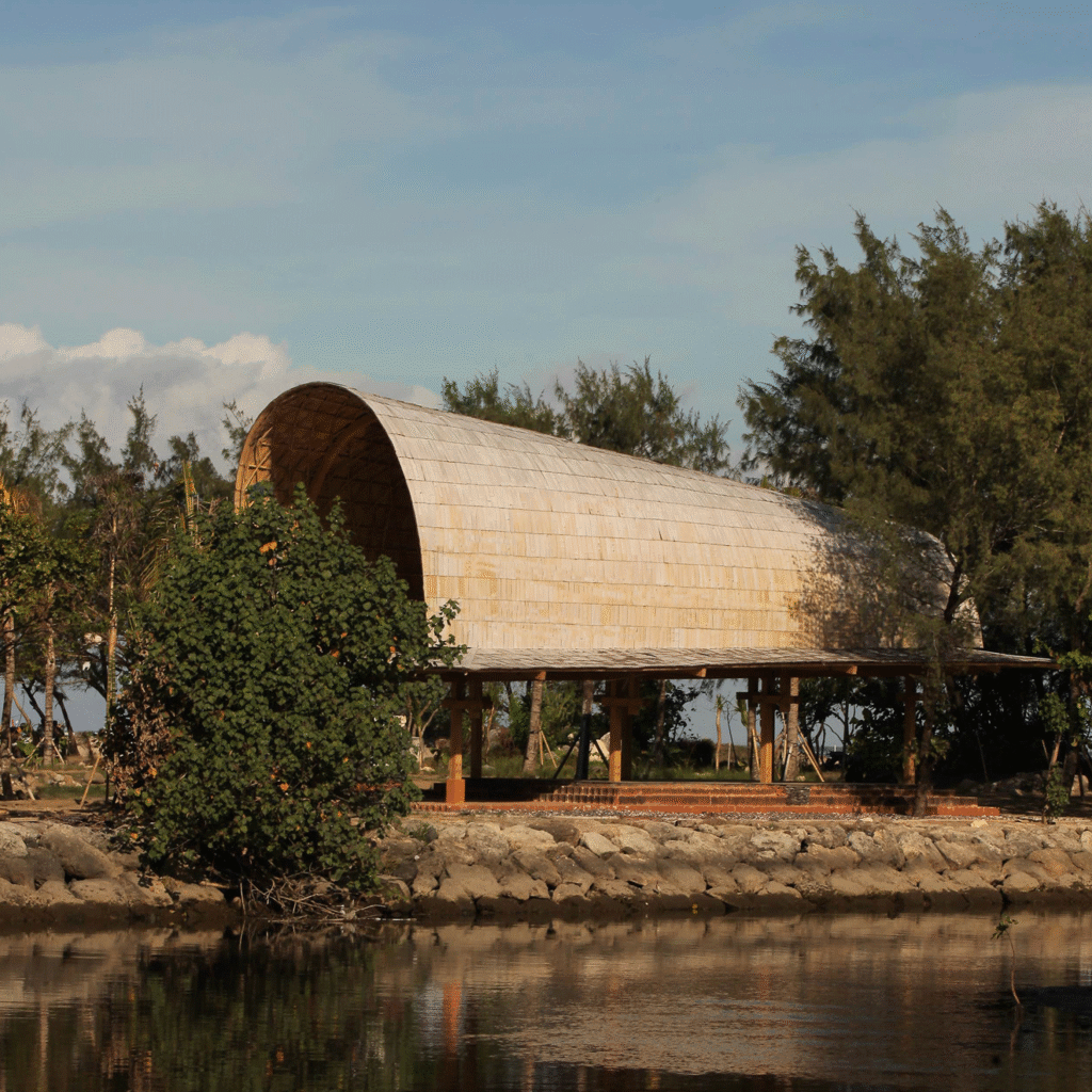 The BaleBio demonstrator in Bali showcasing nature-based building components and bamboo architecture.